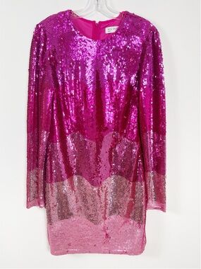 Mac Duggal 10029 Pink Long Sleeve Ombre Sequin Mini Dress Size Medium NWT